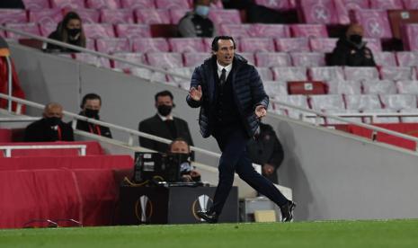 Ekspresi pelatih Villarreal Unai Emery pada leg kedua semifinal Liga Europa melawan Arsenal, Jumat (7/5) pagi WIB.