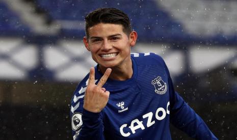 Ekspresi pemain Everton, James Rodriguez saat mencetak gol ke gawang Brighton Hove Albion.