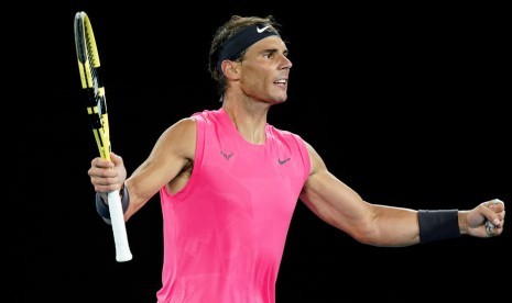 Ekspresi Rafael Nadal setelah menaklukkan Nick Kyrgios di Australia Open 2020.