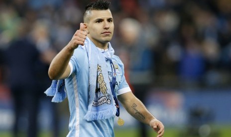 Ekspresi Sergio Aguero usai membawa Manchester City meraih juara Piala Liga