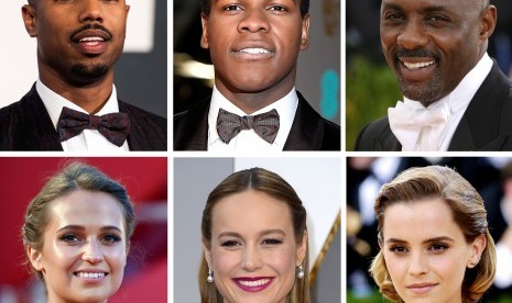 Enam seniman yang menjadi anggota baru Academy of Motion Picture Arts and Sciences yakni (kiri ke kanan) Michael B. Jordan, John Boyega, dan Idris Elba. Bawah (kiri ke kanan) Alicia Vikander, Brie Larson, dan Emma Watson. 