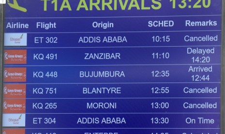 Ethiopian Airlines. Papan informasi menunjukkan Ethiopian Airlines 302 di layar Jomo Kenyatta International Airport (JKIA) in Nairobi, Kenya, Ahad (10/3). Pesawat dari Etiopia menuju Kenya itu jatuh 50 km di luar Addis Ababa.