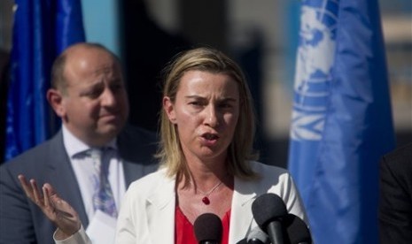 European Union foreign policy chief Federica Mogherini holds a press conference during her visit to a UN school in Gaza City, Saturday, Nov. 8, 2014.