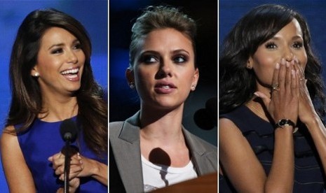 Eva Longoria (kiri), Scarlett Johanson (tengah) dan Kerry Washington (kanan) menghadiri Konvensi Partai Demokrat dan mendukung Barack Obama terpilih lagi sebagia Presiden AS.