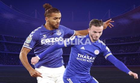 Striker Everton Dominic Calvert-Lewin Vs gelandang Leicester City James Maddison (kanan).