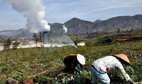 Farmers work in the vegetables field near a geothermal power plant in Dieng, Central Java. Such power plant is considered as environmentally friendly. In New York, President Susilo bambang Yudhoyono will receive two awards including forIndonesian commitmen