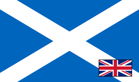 Flag of Scotland in white and blue is compared with Flag of United Kingdom (bottom right) 