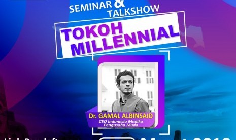 Flayer pra event acara Seminar dan Talk Show Tokoh Milenial STMIK Nusa Mandiri  yang akan dihadiri oleh dr Gamal Albinsaid.