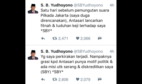 Former President Susilo Bambang Yudhoyono shared his thought on the allegation made by former head of Corruption Eradication Commission Antasari Azhar via his personal Twitter account on Tuesday.