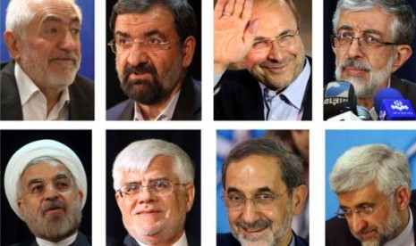 Foto 8 calon presiden Iran dalam Pemilu Iran 14 Juni (searah jarum jam dari kiri) Mohammad Gharazi, Mohsen Rezaei, Mohammad Bagher Qalibaf, Gholam Ali Haddad Adel, Hasan Rowhani, Mohammad Reza Aref, Ali Akbar