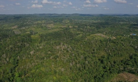 Foto aerial kawasan Kecamatan Sepaku, Penajam Paser Utara, Kalimantan Timur, Rabu (28/8/2019). 