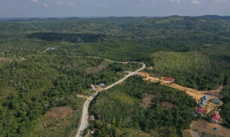 Foto aerial kawasan Kecamatan Sepaku, Penajam Paser Utara, Kalimantan Timur, Rabu (28/8/2019). 