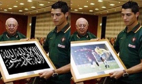 Foto Cristiano Ronaldo sedang memegang bingkai yang berisi gambar bertuliskan dua kalimat syahadat (kiri), dan foto asli Ronaldo sedang memegang gambar dirinya saat membela Timnas Portugal (kanan).