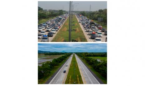 Foto kolase perbandingan suasana kendaraan yang melintas di pintu Tol Cipali Palimanan, Cirebon, sebelum adanya pandemi Covid-19 (atas) dan saat pandemi Covid-19 (bawah), Jawa Barat, Kamis (21/5). Menjelang Lebaran, salah satu titik kepadatan arus mudik di ruas tol Cikopo-Palimanan (Cipali) terpantau sepi dikarenakan adanya larangan mudik dari pemerintah demi mencegah penyebaran wabah Covid-19.