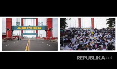 Foto kolase perbandingan suasana Shalat Idul Fitri 1442 H (kiri) dan Suasana Shalat Idul Fitri 1443 H (kanan) di jembatan Ampera Palembang, Sumatera Selatan, Senin (2/5/2022).  Ribuan warga kota Palembang melaksanakan Shalat Idul Fitri 1443 H di kawasan Masjid   Agung Sultan Mahmud Badaruddin Jayo Wikramo hingga ke atas jembatan Ampera Palembang, setelah dua tahun tidak diperbolehkan melaksanakan shalat ied di kawasan tersebut. ANTARA FOTO/Nova Wahyudi/hp.