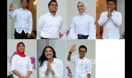 Foto kolase Staf khusus Presiden Joko Widodo yang baru dari kalangan milenial (kiri ke kanan) Pendiri Ruang Guru Adamas Belva Syah Devara, CEO Amartha Andi Taufan Garuda Putra, Pendiri Thisable Enterprise Angkie Yudistia, Peraih beasiswa kuliah di Oxford Billy Gracia Yosaphat Mambrasar, Perumus Gerakan Sabang Merauke Ayu Kartika Dewi, CEO dan Founder Creativepreneur Putri Indahsari Tanjung dan Mantan Ketua Pergerakan Mahasiswa Islam Indonesia/PMII Aminuddin Ma