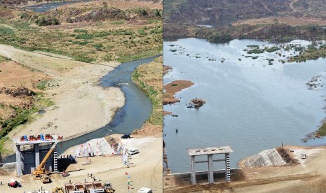 Foto kolase Waduk Jatigede sebelum dibendung (kiri) dengan yang sudah mulai terisi air (kanan) setelah dimulainya penggenangan di Sumedang, Jawa Barat, Selasa (1/9). 