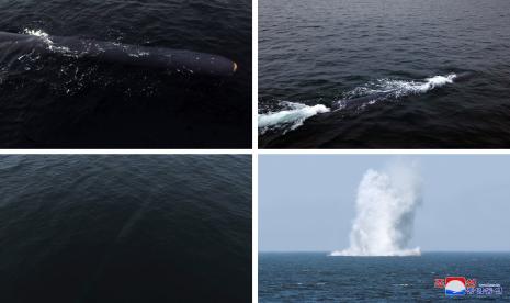 Foto kombinasi yang dirilis oleh Kantor Berita Pusat Korea Utara (KCNA) resmi menunjukkan pengujian sistem senjata strategis bawah laut oleh lembaga penelitian ilmu pertahanan nasional di Korea Utara, 04-07 April 2023.