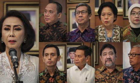 Foto kombo Ketua Panitia Seleksi Calon Pimpinan KPK Yenti Ganarsih (kiri) bersama anggota Pansel (dari kiri atas) Indriyanto Seno Adji, Hamdi Moeloek, Harkristuti Harkrisnowo, Diani Sadia Wati, (dari kiri bawah) Al Araf, Mualimin Abdi, Hendardi dan Marcus Priyo Gunarto saat menyampaikan keterangan pers di Gedung Utama Kemensetneg, Jakarta, Senin (20/5/2019).