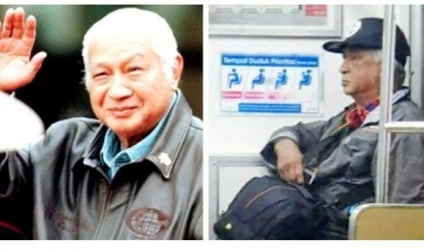 Foto mantan Presiden Soeharto (kiri) dan orang yang mirip dengan Soeharto di kereta komuter Jabodetabek yang menghebohkan media sosial