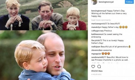 Foto resmi Istana Kensington terkait perayaan hari ayah. Tampak Pangeran Charles dengan kedua putranya di atas, dan di bawah foto Pangeran William dengan putranya Pangeran George.