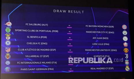 Foto selebaran yang disediakan oleh UEFA menunjukkan pertandingan babak 16 besar Liga Champions UEFA setelah pengundian ulang di markas UEFA di Nyon, Swiss, Senin (13/12/2021). 