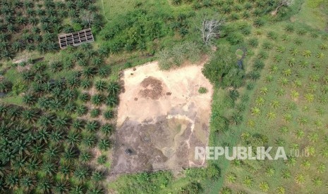 Foto udara Candi Teluk II Kawasan Percandian Muarajambi yang dikepung perkebunan kelapa sawit di Kemingking Luar, Taman Rajo, Muarojambi, Jambi, Selasa (4/12/2018). 