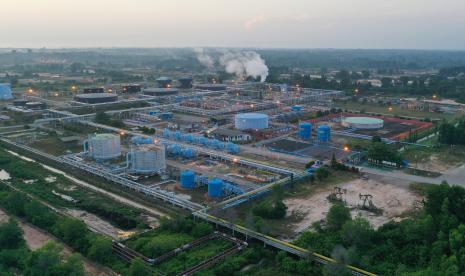 Foto udara Central Gathering Station (CGS) 10 di Lapangan Duri, yang merupakan salah satu lapangan injeksi uap terbesar di dunia di Blok Rokan, Riau.