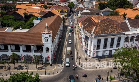 Foto udara kawasan Kota Lama setelah rampung direvitalisasi tahap I oleh Kementerian PUPR, di Semarang, Jawa Tengah, Senin (26/8/2019). 