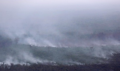 Foto udara kebakaran hutan di Kabupaten Lahat diambil dari Helikopter MI8 milik Badan Nasional Penanggulangan Bencana (BNPB), Lahat, Sumatera Selatan, Jumat (18/9). 