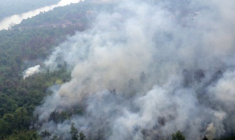 Foto udara kebakaran lahan di kawasan Kabupaten Banyuasin, Sumsel, Selasa (20/10). 