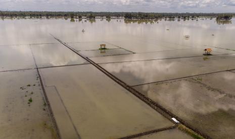 Foto udara lahan pertanian yang terendam banjir di Kecamatan Padaherang, Kabupaten Pangandaran, Jawa Barat, 26 Maret 2021. Badan Penanggulangan Bencana Daerah (BPBD) Kabupaten Pangandaran mulai mewaspadai bencana yang berpotensi terjadi saat musim hujan.