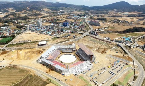 Foto udara Olympic Plaza di Pyeongchang, Korea Selatan. 