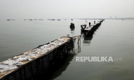 Foto udara pagar laut terlihat di perairan Kampung Pulau Cangkir, Kronjo, Kabupaten Tangerang, Banten, Jumat (10/1/2024). Pagar laut di pesisir Laut Tangerang, Banten itu terbentang sepanjang 30,16 kilometer.