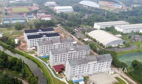 Foto udara pembangunan Wisma Atlet di Jakabaring Sport City (JSC), Palembang, Sumatra Selatan.