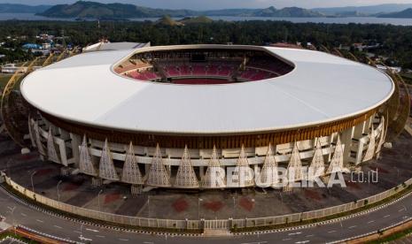 Foto udara Stadion Lukas Enembe di Kompleks Olahraga Kampung Harapan, Distrik Sentani Timur, Kabupaten Jayapura, Papua, Selasa (24/8/2021). Stadion Lukas Enembe yang memiliki kapasitas lebih dari 40 ribu penonton ini akan menjadi tempat upacara pembukaan dan penutupan PON XX Papua 2021.