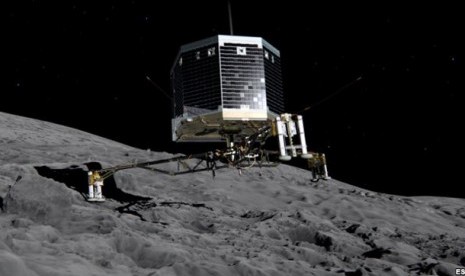 Gambar robot Philae memisahkan diri dari laboratorium induk Rosetta turun ke permukaan komet 67P/Churyumov-Gerasimenko, 2014.