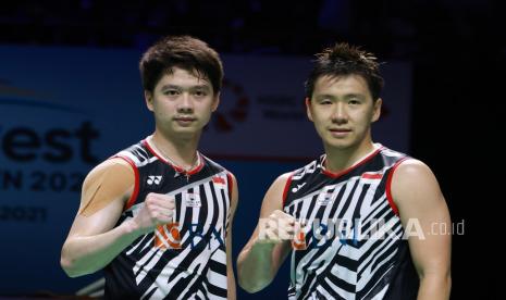 Ganda Putra Indonesia Marcus Fernaldi Gideon (kanan) dan Kevin Sanjaya Sukamuljo.