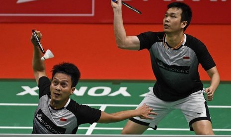 Ganda putra Indonesia Mohammad Ahsan (kiri) dan Hendra Setiawan (kanan).