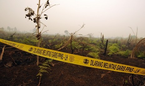 Garis larangan melintas oleh Penyidik Pegawai Negeri Sipil (PPNS) Kementerian Kehutanan terpasang di lahan yang diduga sengaja dibakar di Gambut Jaya, Muaro Jambi, Selasa (15/9). 