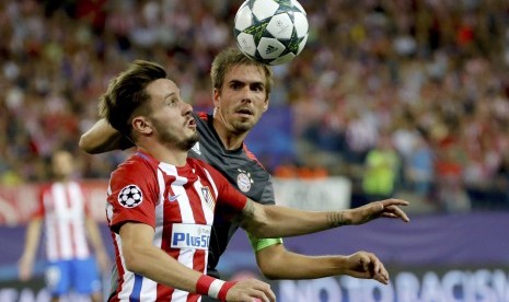 Gelandang Atletico Madrid, Saul Niguez saat laga Liga Champions kontra Bayern Muenchen, 28 September. 