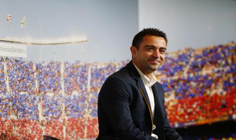 Gelandang Spanyol FC Barcelona Xavi Hernandez menghadiri upacara perpisahan dari klub sepak bola Divisi Primera Spanyol di Barcelona, ??Spanyol timur laut, 03 Juni 2015 (diterbitkan kembali 25 Juli 2020). 