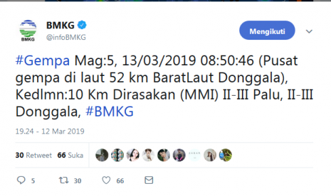 Gempa di selat makassar atau 50 km arah utara kota donggala