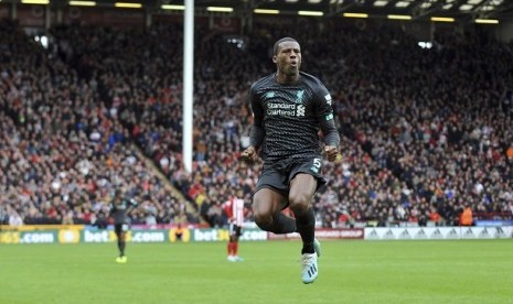 Georginio Wijnaldum usai mencetak gol kemenangan Liverpool ke gawang Sheffield United, Sabtu (28/9) malam