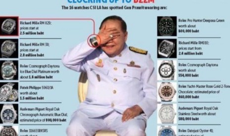 Grafik yang dibuat CSI-LA menunjukkan sejumlah jam tangan yang diduga dikenakan oleh Wakil Perdana Menteri Thailand Prawit Wongsuwan.