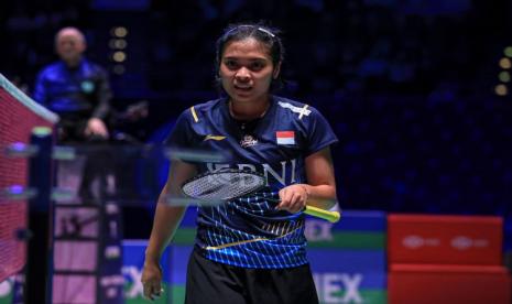 Gregoria Mariska Tunjung saat beraksi di All England 2023.