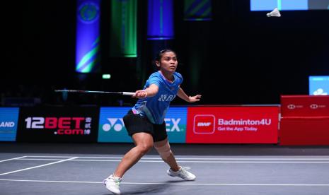 Gregoria Mariska Tunjung saat beraksi di All England 2023.