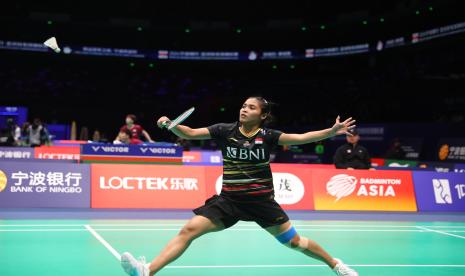 Gregoria Mariska Tunjung saat beraksi di Kejuaraan Bulu Tangkis Asia 2024.