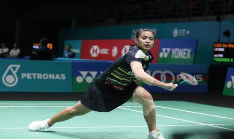 Gregoria Mariska Tunjung saat beraksi di Malaysia Open 2023.