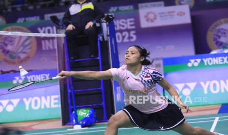 Gregoria Mariska Tunjung saat beraksi di semifinal India Open 2025 melawan An Se-young, Sabtu (18/1/2025).